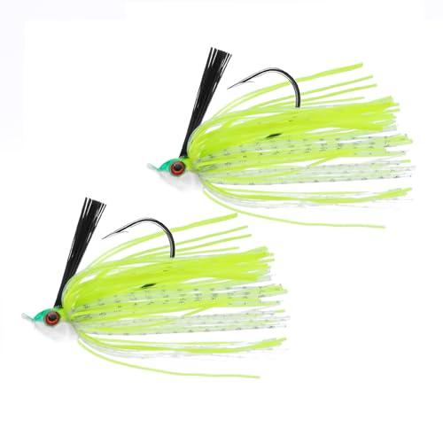 Dr.Fish 2 Pack Swim Jigs Weedless Bass Fishing Jigs Hook Lures with Reinforced Weed Guard Fish Head Swimbait Silicone Skirt Pike Walleye Muskie Freshwater Lures - color: Chartreuse, size: 3/8oz