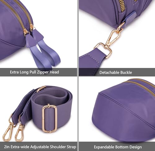 Pure Colour Crossbody Bum Bags for Women Spacious Checkered Cross body Bag Nylon Trendy Fanny Pack for Travel - color: Cloudy Purple