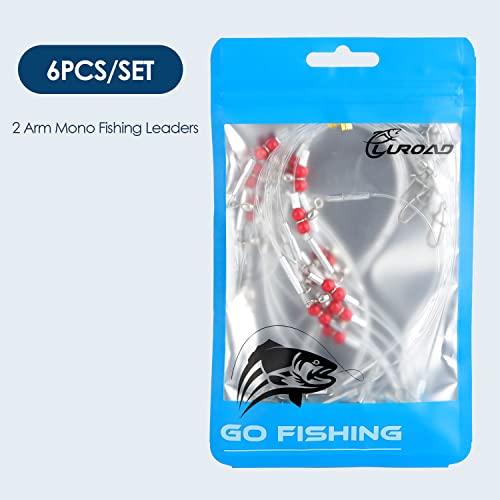 Fishing Leader Fishing Rigs, Luroad 6/12/18 Pcs Nylon-Coated Lines with Swivels Snap Beads, Stainless Steel Hooks Crimps Saltwater Freshwater for Fishing Lovers Angler, 1 Arm/ 2 Arms - color: J.2 Arm-Red-6pcs