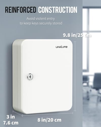 Uniclife 28 Position Key Cabinet with Key Lock Wall Mounted White Security Storage Box Steel Key Organizer with Colorful Key Tag Labels Stickers and Hooks - color: White, size: 28-Key
