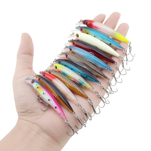12pcs Suspending Jerkbait Fishing Lures Kit, Minnow Lures Jerk Bait Crankbaits Swimbait, Artificial Hard Minnow Fishing Bait for Bass Trout Pike Walleye Catfish Freshwater Saltwater