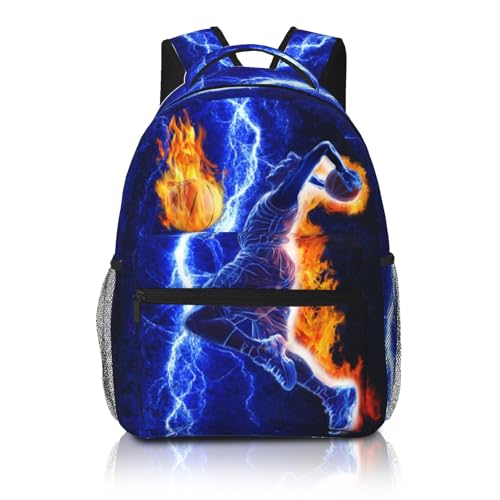 Basketball Backpack for Boys Blue Fire Lighting Schoolbag for Teenage Girls Kids Children Lightweight Waterproof Adjustable Sport Bag for Travel Hiking Camping Gym Backpack for Kids Boys 8-12 - color: Basketball Fire 01