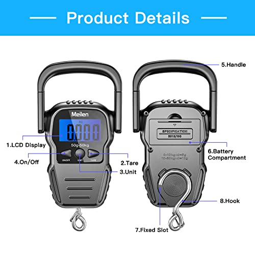 Luggage Scale, 110lb/50kg Luggage Weight Scale with Backlit LCD Display, Digital Fish Scale with Measuring Tape Portable Hanging Scale Suitcase Scale with Handle & Large Hook & 2 AAA Batties - color: Black handle-001