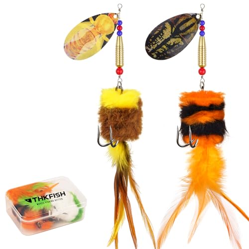 THKFISH Musky Pike Walleye Fishing Lure, Rooster Tail Fishing Lures with Hard Metal Brass Inline Spinner Baits with Tackle Box for Trout Bass Salmon Freshwater Saltwater Lures - color: Yellow&Orange, size: 1 oz---2pcs