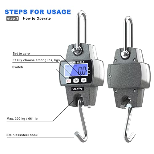 300kg / 660lb Portable Digital Crane Scale with Hooks, High Accuracy Game Scale, Heavy Duty Electronic Hanging Scale for Farm Hunting Fishing and Weighing Lugggage (Black)