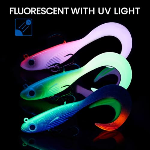 TRUSCEND Duramax TPE Soft Fishing Lures with BKK Hooks, Easy Catch Curly & T-Tail for Trembly Sinking & Vibrating Swim, UV or Glow Effect for All Conditions, Pre-rigged Swimbait for Bass Trout Crappie - color: A-2.5"-1/8oz