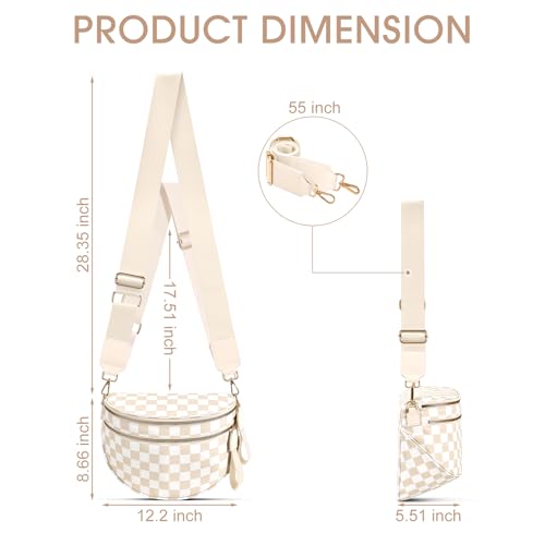 Checkered Nylon Crossbody Bag Bum Bag for Women Mom Large Checkered Fanny Packs with Adjustable Strap - color: Beige Checkered