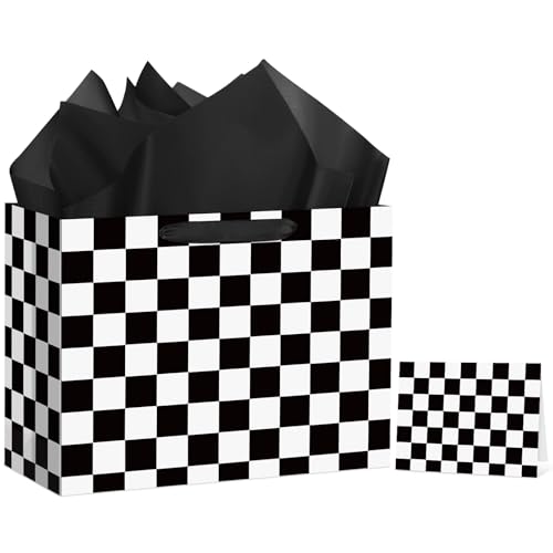 Hooqict Large Checkered Gift Bag Black and White Race Car Gift Wrap Bag with Handles, Tissue Paper, Greeting Cards for Kids Boys Snack Goodie Treat Candy Party Favors - color: Checkered