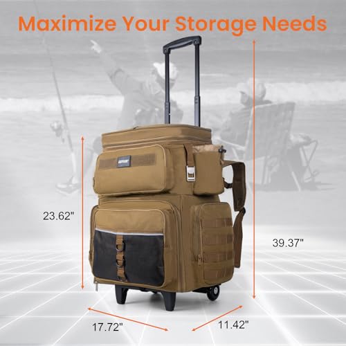 Goture 66L Rolling Tackle Box with Cooler, Khaki Large Fishing Bag with Wheels for 5 3700 Trays(Trays Not Included), Saltwater Resistant Tackle Backpack with Rod Holders - color: Khaki, size: No Trays
