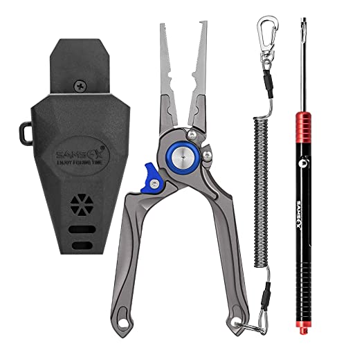 SAMSFX Fishing Pliers, Muti-Function Fly Fishing Tools, 8" Saltwater Resistant Gear Hook Remover Split Ring Tungsten Cutters, with Lanyard & Sheath - color: Blue Fishing Pliers with Hook Remover