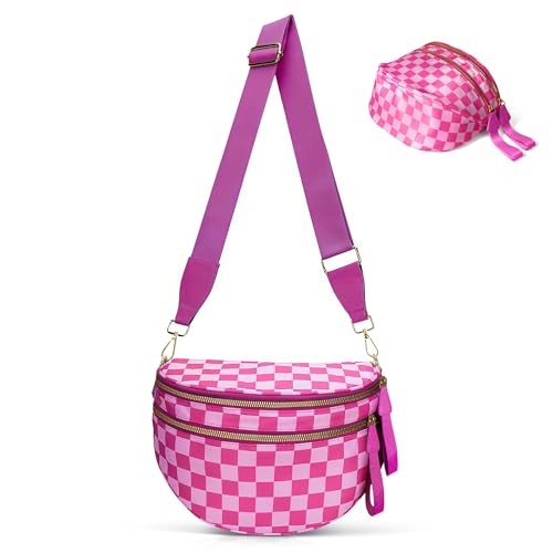 Checkered Crossbody Bag Bum Bags for Women, Spacious Nylon Fanny Packs Belt Wallet (red checkered) - color: red checkered