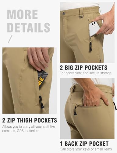 TBMPOY Men's Lightweight Hiking Pants with Belt 5 Zip Pockets Waterproof Quick-Dry Travel Fishing Work Outdoor Pants - color: A2-thin Khaki, size: X-Large