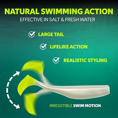 Soft Plastic Paddle Tail Swimbaits – 3 1/4", 4" & 5" Soft Plastic Fishing Lures with Extra-Large Tail for Lifelike Swimming Action – Freshwater & Saltwater - color: Pearl White with Electric Green Tail, size: 3 1/4 Inch - 12 Pack