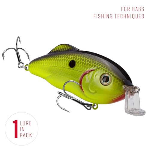 Strike King Hybrid Hunter Shallow Jr. Fishing Lure, Shallow Diving Crankbait, 90-Degree Bill, 3D Eyes, Loud Rattle, Dives 1 to 3-Feet,Size 4 & 6 Treble Hooks - color: Chartreuse with Black Back, size: 1/2 oz
