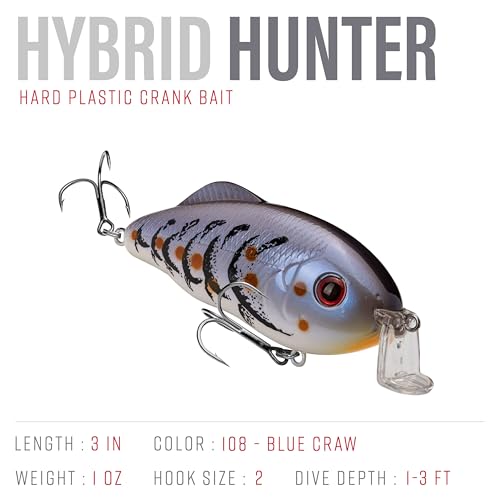 Strike King Hybrid Hunter Shallow Jr. Fishing Lure, Shallow Diving Crankbait, 90-Degree Bill, 3D Eyes, Loud Rattle, Dives 1 to 3-Feet,Size 4 & 6 Treble Hooks - color: Blue Craw, size: 1 oz