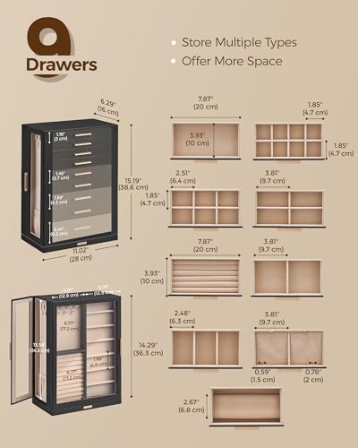 Glimmloop 360° Rotating Jewelry Box with 9 Drawers, Spacious Vertical Jewelry Organizer with Glass Window, Jewelry Storage Case, Dustproof & Moisture-resistant Design, Black - color: Black, size: 9 Drawers (6.2"D x 11"W x 15.1"H)