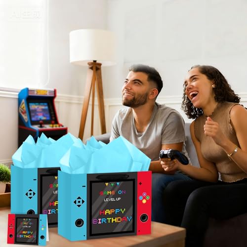 Hooqict Large Video Game Birthday Gift Bag Happy Birthday Gift Wrapping Bag with Handles, Tissue Paper and Greeting Cards for Kids Boys Men Gamer Themed Party Supplies - color: Video Game
