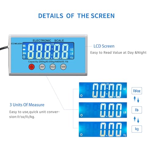 Shipping Scale 440lb with High Accuracy, Heavy Duty Stainless Steel Postal Scale with Hold/Tare, Digital Shipping Scale for Packages/Luggage/Post Office/Home, Battery & AC/DC Adapter