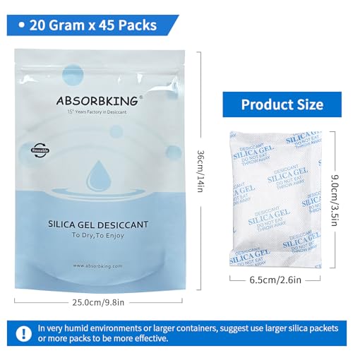 Absorbking Silica Gel Packets, 20 Gram 45 Packs Food Safe Moisture Absorbers, Desiccant Packs for Storage, Reusable Desiccant for Foods, Storage Bins, 3D Filaments, Electronics, Safes - size: 20g(45-pack)