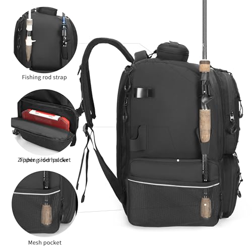 Rabjen Fishing Tackle Backpack, 45L Storage Waterproof Travel Bag Store Fishing Gear with Insulated Top Pocket - color: Black, style: Standard Size 4 Tackle Boxes Included 900d Nylon