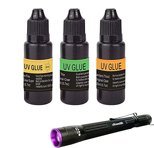 EUPHENG Fly Tying UV Resin Three Formula Thick,Thin and Super Flex Fly Tying Head Cement Fly Tying Glue for Building Flies Heads Bodies and Wings and Gluing Eyes - color: 3+395nm pen light set 0.7oz