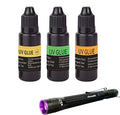 EUPHENG Fly Tying UV Resin Three Formula Thick,Thin and Super Flex Fly Tying Head Cement Fly Tying Glue for Building Flies Heads Bodies and Wings and Gluing Eyes - color: 3+395nm pen light set 0.7oz