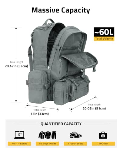 CVLIFE Tactical Backpack Military Army Rucksack 60L Large Assault Pack Detachable Molle Bag, Grey - color: Grey