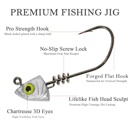 Screw Lock Swimbait Jig Heads 15 Pack, 3D Chartreuse Eyes & Sharp Hooks, Lead Fishing Jigheads for Bass Fishing, 1/8oz, 3/16oz, 1/4oz, 3/8oz - size: 3/16oz-15Pcs