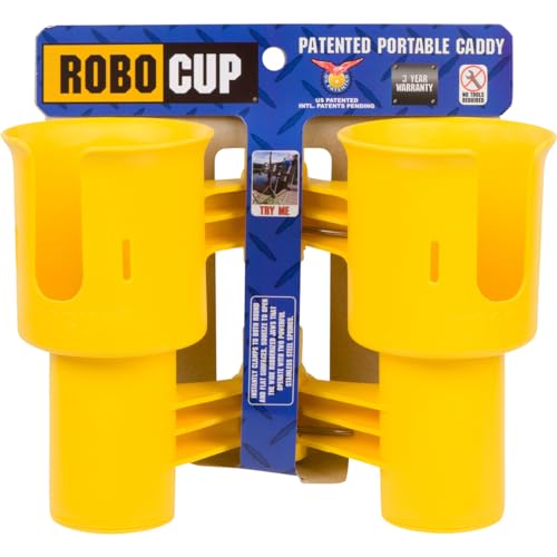 ROBOCUP, (Yellow), Patented Clamp On Boat Cup Holder |Multifunction Dual Drink Caddy for Fishing Poles, Tools, Net, Gaff |Portable Storage for Boating, Beach, Umbrellas, Golf Carts, Strollers - color: Yellow, size: Standard Spring