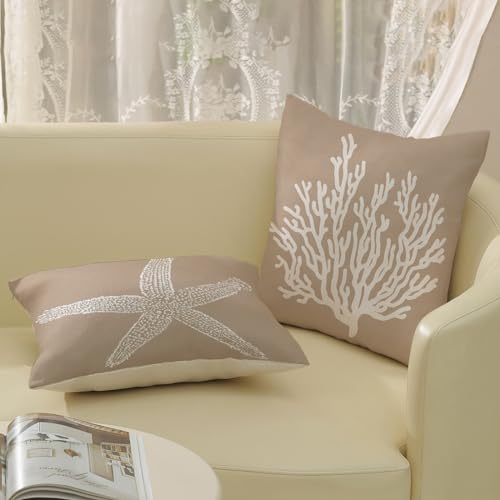 Coastal Pillow Covers 18x18 Inch Set of 2 Brown Tan Coral Starfish Throw Pillows Summer Nautical Beach Ocean Decorations Linen Pillowcase Outdoor Decor Farmhouse Cushion Case for Home Bedroom - color: Brown Starfish Coral, size: 18" x 18" (Pack of 2)