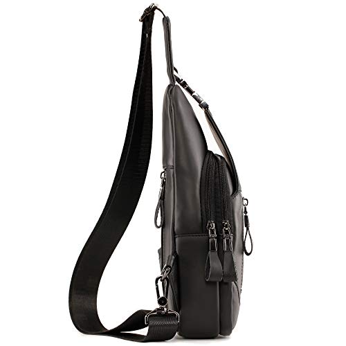 Hebetag Leather Sling Bag Hiking Daypack for Men Women Outdoor Travel Camping Fishing Crossbody Shoulder Chest Pack Daypack Small Black - color: #05black