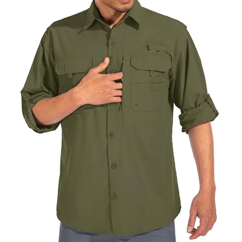 linlon Mens Safari Shirts Long Sleeve UV Protection Hiking Fishing UPF 50+ Quick Dry Cooling Camping Travel Shirts - color: 0live Green, size: 3X-Large