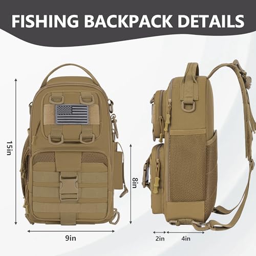 GMAK Fishing Backpack Tackle Sling Bag, Tactical Fishing Tackle Backpack with Rod & Gear Holder, Lightweight Outdoor Water-Resistant Tackle Gear Pack Shoulder Bags for Men Women, Khaki - color: Khaki, size: Standard, style: Sling Backpack