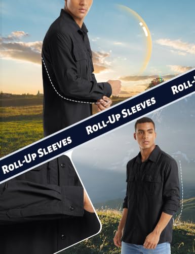 TACVASEN Fishing Shirt for Men, Long Sleeve Shirt Quick Dry Fit, Tactical Shirt Button Up, Work Shirt Lightweight Safari - color: Black, size: Medium