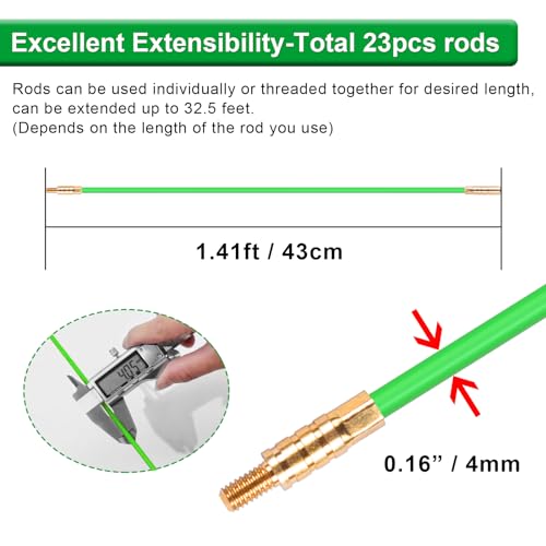 32.5FT Fiberglass Running Electrical Wire Cable Glow Rods Wire Pulling, Fish Tape Set with Accessories, Green