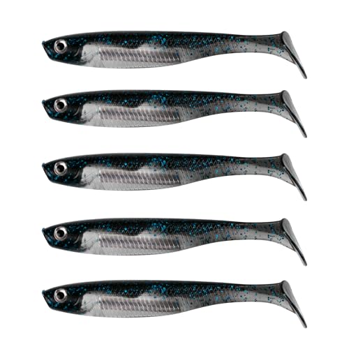 5/6Pcs Pre-Rigged Soft Plastic Lures, Paddle Tail Swimbait, Jig Heads for Bass, Walleye, Pike, Trout, Redfish Fishing - color: Black & Blue