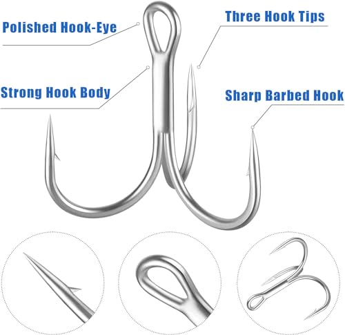 Fishing Treble Hooks Triple Fishing Hooks High Carbon Steel Barbed Sharp Round Bend Treble Hooks Replacement for Hard Lures Bait - color: Silver, size: 10#-50pcs