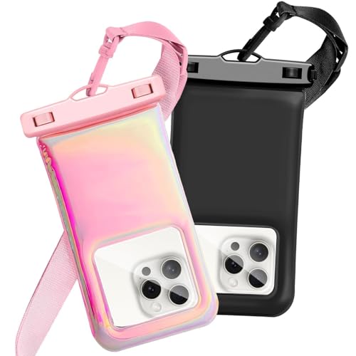 Floatable Waterproof Phone Pouch Case 2 Pax for iPhone 17 16 Pro Max/15/14/13/12, IP68 Travel Cellphone Dry Bag Beach Cruise Ship Essentials Bags with Crossbody Lanyard,Pink and Black-7″ - color: A07-Pink and Black