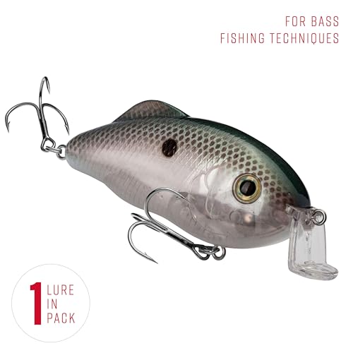 Strike King Hybrid Hunter Shallow Jr. Fishing Lure, Shallow Diving Crankbait, 90-Degree Bill, 3D Eyes, Loud Rattle, Dives 1 to 3-Feet,Size 4 & 6 Treble Hooks - color: Green Gizzard Shad, size: 1 oz