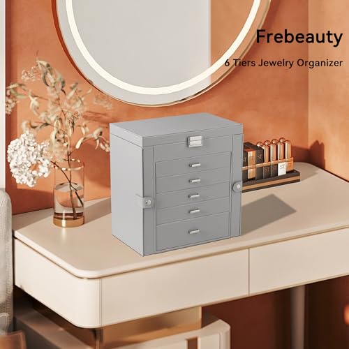 Frebeauty Large Jewelry Box,6-Tier PU Leather Jewelry Organizer,Multi-functional Storage Case with Mirror,Accessories Holder with 5 Drawers for Necklace Bracelets Watches(Grey) - color: Grey, size: Large