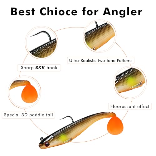 TRUSCEND Shadtale Easy Catch Soft Fishing Lures with BKK Hooks - Trembly Sinking and Vibrating Swim for More Bites, Pre-Rigged Swimbaits for Bass, Trout, Crappie, Walleye, Freshwater Saltwater Fishing - color: 4",5/8oz