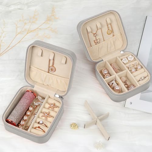 MFXIP Travel Jewelry Case Small Jewelry Box Jewelry Organizer Storage Case Portable PU Leather Mini Jewelry Travel Case for Girls Womens Earring, Necklace, Rings,Bracelets - color: Gray