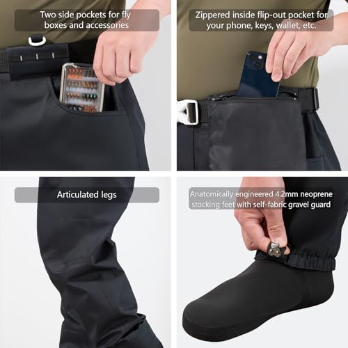 BASSDASH Men’s Breathable Wading Pants Waist Waders with Pockets Waterproof Fly Fishing Stocking Foot Lightweight FW09 - size: Medium, Stocking Foot 9-10
