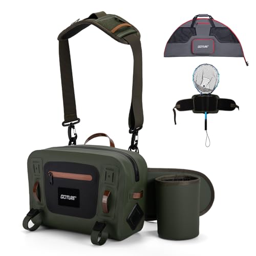 Goture Waterproof Fishing Waist Pack,IPX8 840D TPU Large Tackle Bags with Rod Holder,Airtight Zipper,Detachable Water Bottle Holder, 10L Fly Fishing Bag with Adjustable Strap, Wader Bag Included - color: C1:10L Waterproof Tackle Bag & Wader Bag