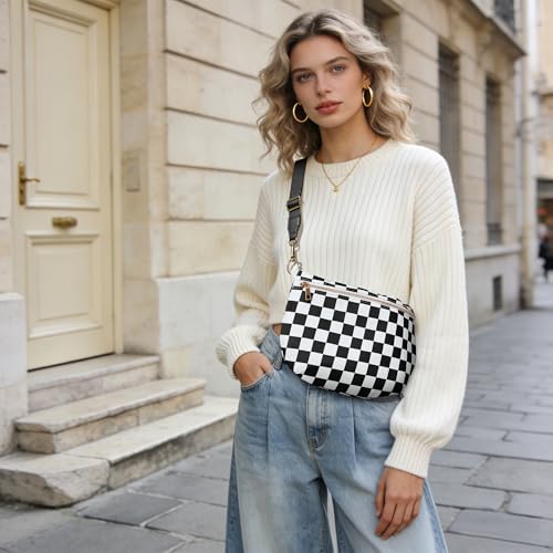 KALIDI Checkered Crossbody Bags for Women Travel Flat Fanny Packs for Woman Men Nylon Cross Body Purse Fashion Belt Bum Bag - color: Black Checkered