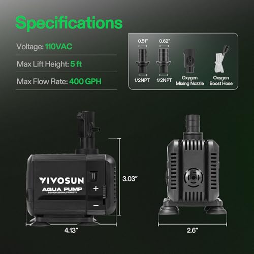 VIVOSUN 400GPH Submersible Pump(1500L/H, 15W), Ultra Quiet Water Pump with 5.2ft High Lift, Fountain Pump with 5ft Power Cord, 3 Nozzles for Fish Tank, Pond, Aquarium, Statuary, Hydroponics - size: 5"×4"-400