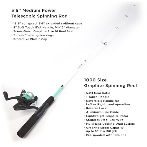 Fishing Kit with Rod, Pre-Spooled Reel, Tackle, Hooks, Zip Carry Case - Camping/Hiking/Kayaking/Boat/RV/Car/Cabin/Cottage