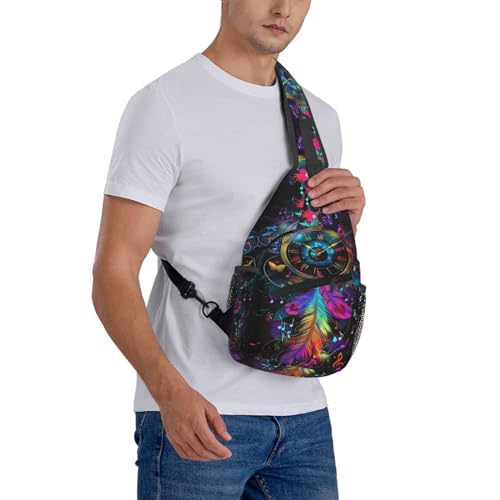 Clock With Dream Catcher Sling Backpack Chest Bag Crossbody Shoulder Bag Gym Cycling Travel Hiking Daypack For Men Women - color: Clock With Dream Catcher