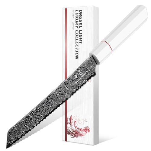 DRGSKL Damascus Serrated Bread Knife - VG10 Serrated Knife for Homemade Bread - Japanese G10 Handle - Slicer Knives with Wide Wavy Edge for Sourdough Baguette - with Gift Box - size: 7.8 inch