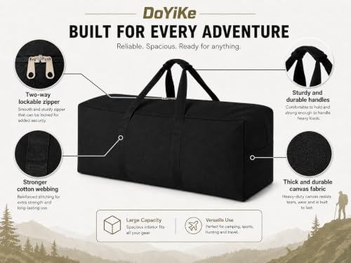 DoYiKe Extra Large Canvas Travel Duffle Bag Heavy Duty, Sports Duffel Military Camping Tent Storage 150L Black Side opening - color: Black Side-opening, size: 150L